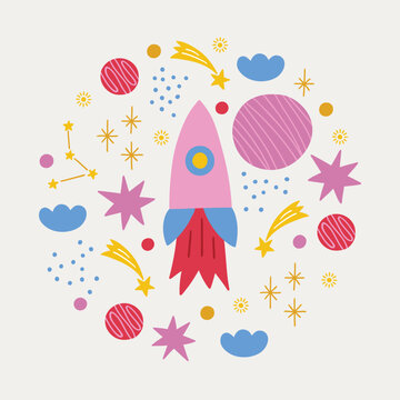 Space greeting card with rocket, planet, cloud, stars, constellation