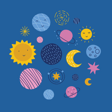 Space greeting card with sun, moon, stars, planet. Vector illustration