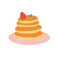 A stack of pancakes with blueberries and strawberries on a plate. Vector illustration cartoon flat style.
