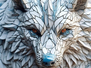 Wolf sculpture made of white marble fragments, ai art