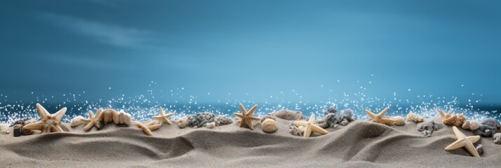 A horizontal banner showcasing a side view of beach sand decorated with sea stars and pebbles, under a blue sky with gentle ocean waves rolling in the background