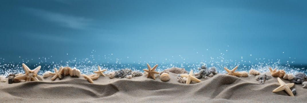 A horizontal banner showcasing a side view of beach sand decorated with sea stars and pebbles, under a blue sky with gentle ocean waves rolling in the background
