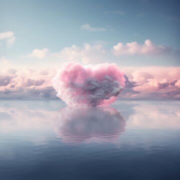 Conceptual image of a pink heart-shaped cloud over the ocean surface, symbolizing the protection of marine life. An aerial view of a cloudy heart above the sea.