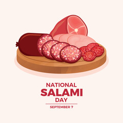 National Salami Day vector illustration. Sliced salami on a wooden cutting board icon vector. Meat sausage slice drawing. Different types of salami. September 7 every year. Important day