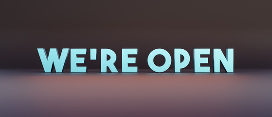 We are open. Blue banner with the message, we are open in capital letters. Business, open sign, open, notification icon, announcement message, commercial sign, beginnings.