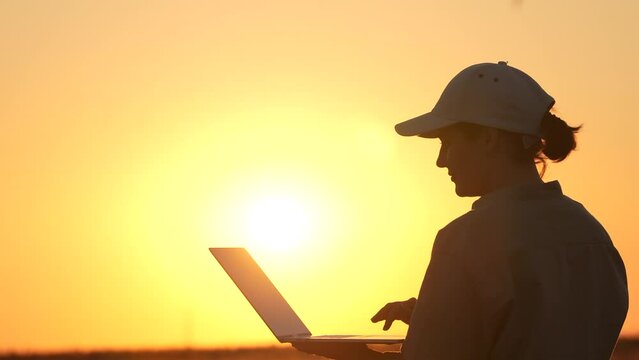Silhouette of female farmer with laptop in wheat field at sunset
