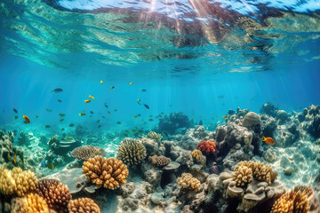 Fototapeta na wymiar Underwater sea life coral reef panorama with many fishes and marine animals