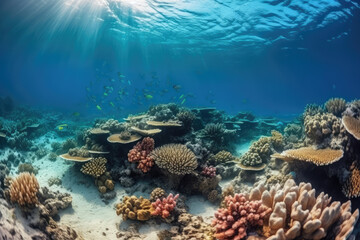 Fototapeta na wymiar Underwater sea life coral reef panorama with many fishes and marine animals