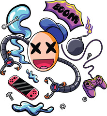 Games controller doodle. Robot with happy face playing Console game using joystick, with bomb and splash water effect.