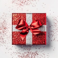 Gift box with red ribbon and bow.