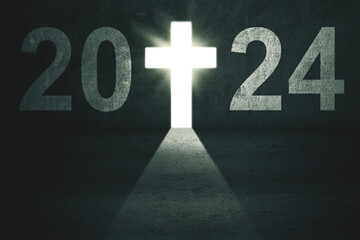 A bright door shaped a cross symbol and 2024 new year numbers