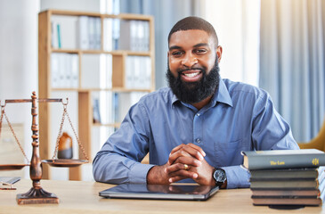Happy black man, portrait and lawyer at desk for consulting, justice and pride in law firm in...