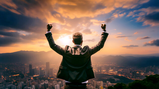 Man in a business suit standing with arms raised over the city. Success conceptual image. Generative AI