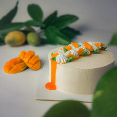 Delicious mango fruit cake on white surface