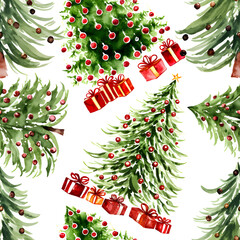Watercolor Christmas trees vector repeating seamless pattern. Hand drawn trees green red color. Decorative winter holiday design for ribbons, card decoration, scrapbooking, banners