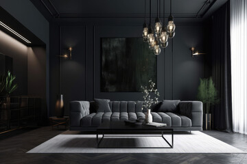 Modern luxury living room interior background, living room interior mockup, interior with black walls, dark interior of living room with black wall, sofa, and empty frame, generative AI