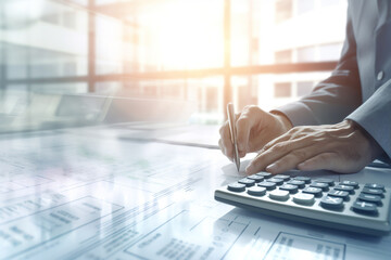 Business hands  using calculator on work table in white room.Business and finances concept. Created with Generative AI technology