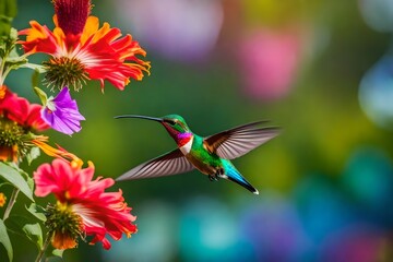small hummingbird with colorful plumage flying near colorful blooming flowers on blurred background