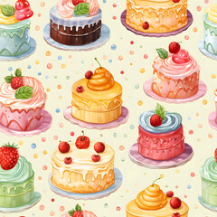 Seamless patterns of various cake with fruits and berry. Watercolor illustration background, Generative AI