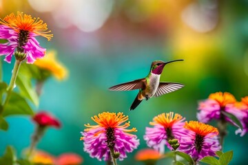small hummingbird with colorful plumage flying near colorful blooming flowers on blurred background