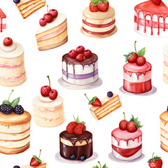 Seamless patterns of various cake with fruits and berry. Watercolor illustration background, Generative AI
