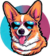 Obraz premium Happy corgi smiling with a cute little face and tongue hanging out and short legs wearing sunglasses. Vector Illustration. 