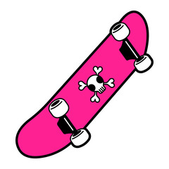 Flat bright vector illustration of a skull and crossbones print skateboard. Pink and black © Nadia
