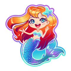 Little mermaid with red hair laughs.