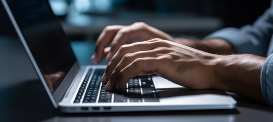 Hands typing on laptop. Generative AI technology.