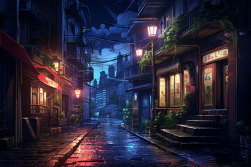 Fototapeta na wymiar view with narrow street at nighttime anime style