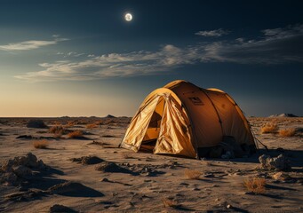 a white tent in a desert at night with a full moon