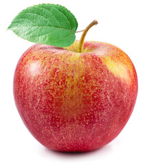 Red apple with green leaf on white background.