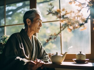 Old Japanese man prepares tea at the kitchen table, by a window, in his home in Autumn.