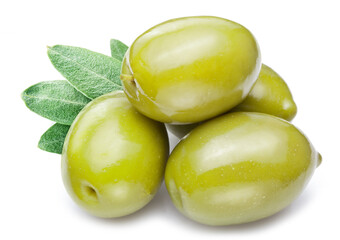 Green olives with leaves on white background. Close-up.