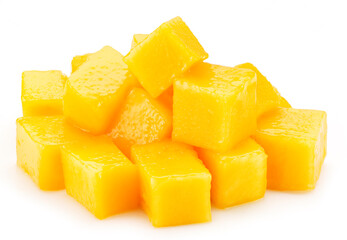 Mango fruit cubes isolated on white background.