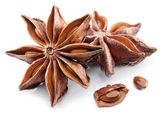 Anise star and aniseeds, spice with strong taste used in cooking, isolated on white background.