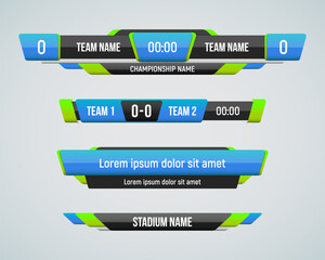 Football elements for broadcasting match. Sport scoreboard with time, information and result display. Vector template for your design.