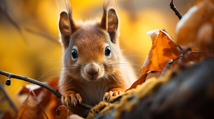 Cute squirrel in autumn forest. Generative Ai