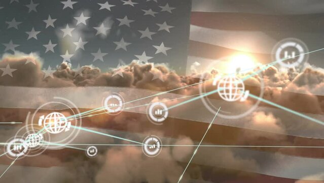 Animation of globe and graph icons connecting with lines over flag of america and clouds