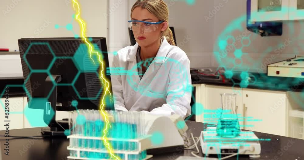 Poster animation of codes, lightning, brain, molecule structure over caucasian scientist using computer