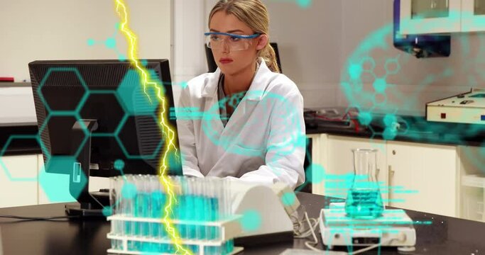 Animation of codes, lightning, brain, molecule structure over caucasian scientist using computer