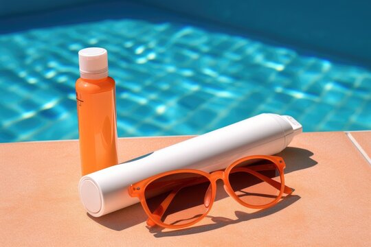 sunscreen bottle and sunglasses on poolside