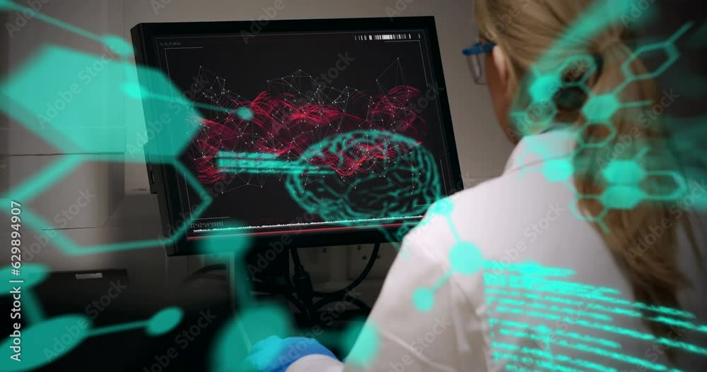 Poster animation of codes and molecule structure over caucasian female scientist using computer