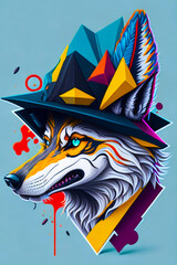 A detailed illustration of a wolf wearing a trendy hat with leaf, paint splash, and gravity background for a t-shirt design and fashion