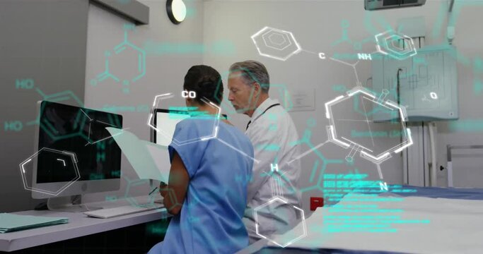 Animation of codes, molecule structure over caucasian doctors discussing medical reports in hospital