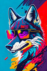 A detailed illustration of a wolf wearing trendy sunglasses with leaf, paint splash, and gravity background for a t-shirt design and fashion