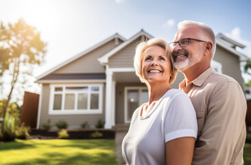 happy old couple standing in front of their new home