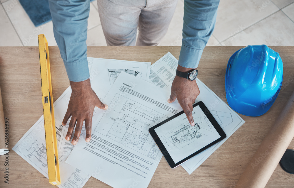 Poster engineering, person hands and blueprint planning, construction design or renovation on tablet above.