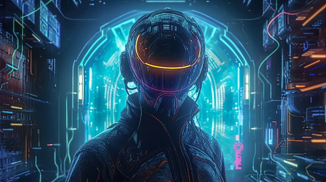 silhouette of Hacker who stands in futuristic digital dark corridor. cybercrime, cyber safe