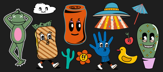 Set of icons and characters in groovy style. Trendy designs from the 60s and 70s. Hippie. Vector stock illustration.  Icon. Retro